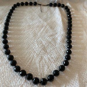 Long black faceted glass bead necklace